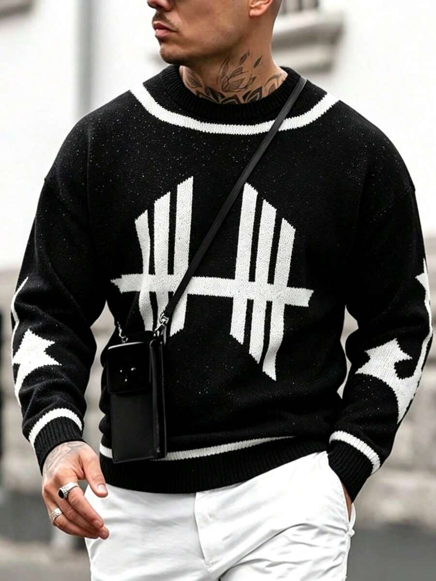 Men's Personalized Geometric Jacquard Crew Neck Sweater, Street Style Contrast Stripe Loose Knit Pullover, Casual Top For Autumn/Winter - Black - View 1