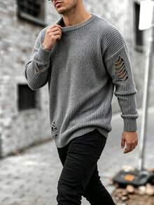 Men's Distressed Crew Neck Sweater, American Street Style Fringed Hem Loose Knit Pullover, Autumn/Winter Brand Top - Grey - View 2