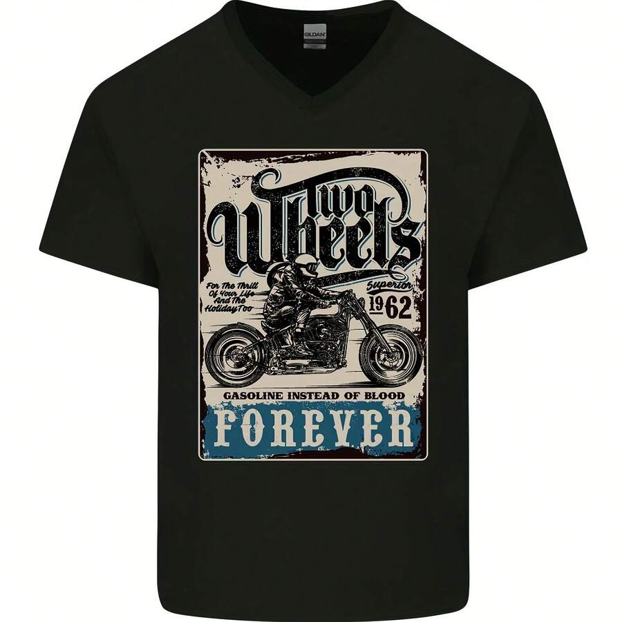 Two Wheels Biker Motorcycle Men's V-Neck Cotton T-Shirt- - 款式 - 查看 1