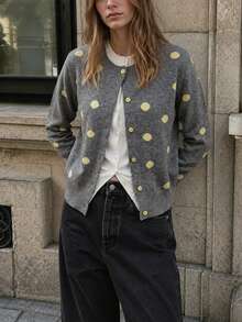 Jaket Kardigan Rajut 2-in-1 Motif Polkadot Kasual Minimalis Wanita Terbaru, Musim Gugur/Dingin - Light Grey - View 4