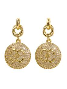 MTOW 1 Pair 18K Gold-Plated Double C Round Pendant Earrings, Cubic Zirconia Women's Earrings, Luxurious Designer Style Copper Earrings, Ideal Gift For Her - Multicolor - View 11