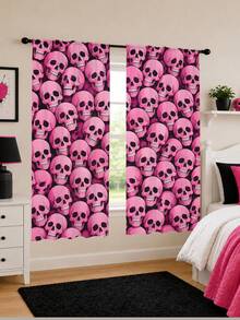 2PCS, Pink Skull Print Curtains, Dark Sweet Cool Style, Halloween Party Home Decor Fabric Curtains - Multicolor - View 8