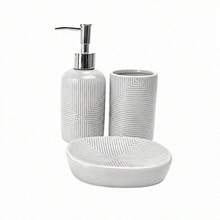 3-Piece Grey Ceramic Bathroom Accessory Set With Soap Dispenser, Toothbrush Holder And Soap Dish, Modern Geometric Relief Design - 白色 - 查看 9
