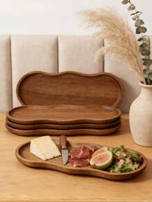 1pc Acacia Wood Serving Tray, Decorative Wooden Tray For Dishes, Desserts, Snacks, Kitchen Table & Coffee‑Table Home Decor, Ideal Housewarming Gift For Parties - View 3