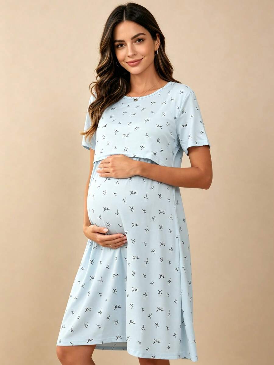 Hart & Haze Postpartum Women Casual Maternity Sleepwear, Round Neck Simple Printed Short Sleeve Nightgown, Cozy & Comfortable Maternity Loungewear - Multicolor - View 1