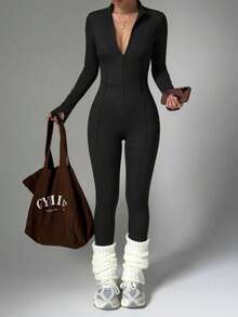 Women's Long Sleeve Zipper Fitted Jumpsuit, High Elastic Design, Slimming And Flattering, Comfortable And Skin-Friendly, Suitable For Daily Wear And Sports - Black - View 7