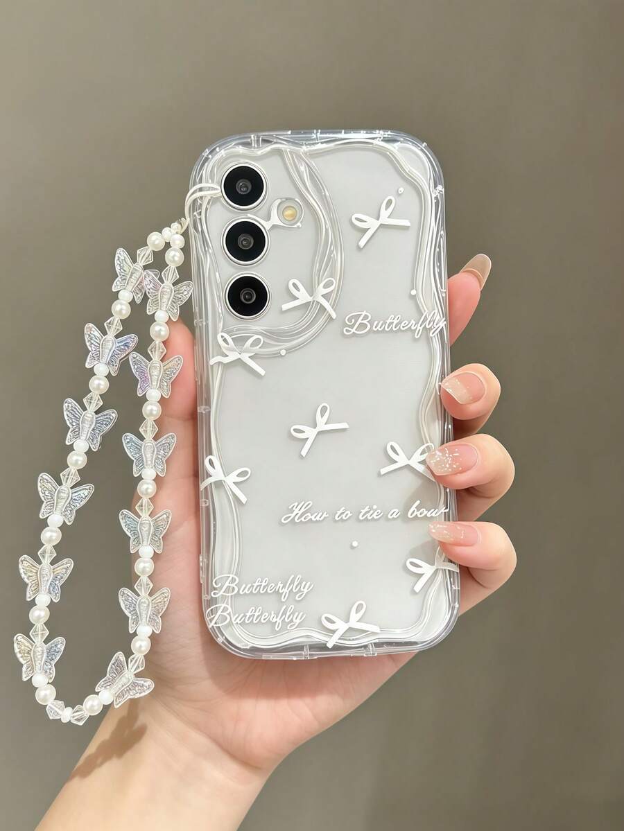 1 buah Casing Ponsel Transparan Lembut Motif Gelombang Besar Krem dengan Pita Putih & Cetakan Huruf Kupu-kupu, Gelang Manik-manik Kupu-kupu DIY, Pola Gelombang Putih Krem, Lensa Cakupan Penuh, Casing Lembut, Kompatibel dengan Ponsel Seri 1 - Clear - View 1