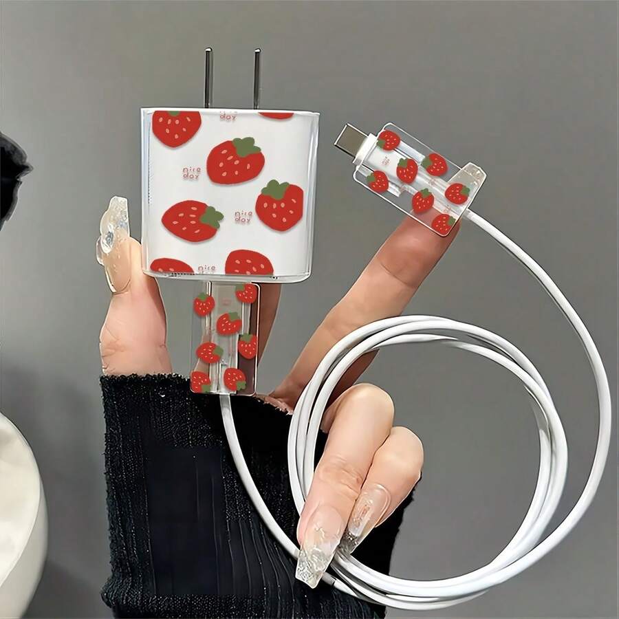 3pcs Strawberry Pattern Cable Protector And Charging Head Set, Compatible With IPhone 20W/18W Charger - Multicolor - View 1