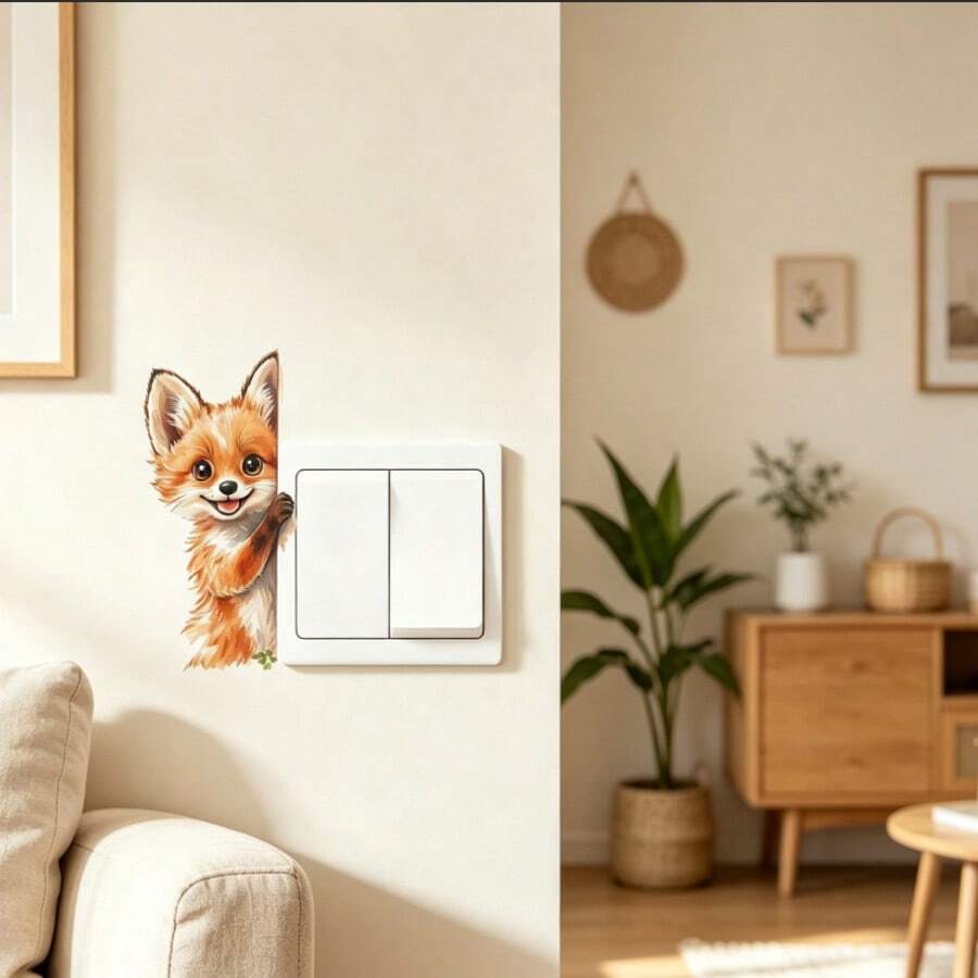 1PC Cute Fox Light Switch Wall Decal, Self‑Adhesive Removable Sticker, Lovely Animal Wall Decor For Bedroom, Kitchen, Bathroom & Kids Room, Room Decor, Autumn Bedroom Decor, Back To Shcool - Multicolor - View 1