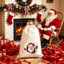 Christmas Drawstring Gift Bag, 3D Wall-Breaking Santa Claus Print Linen Gift Bag, Holiday Theme Drawstring Bag, Suitable For Christmas Gift Packaging And Holiday Scene Decoration - Off-white - View 2