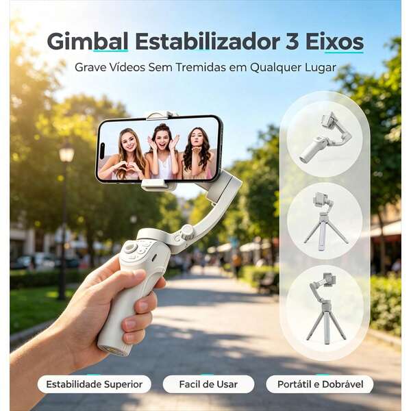 Gimbal Estabilizador 3 Eixos para Celular Smartphone, Estabilizador Portátil para Gravação de Vídeos, Reels e Conteúdo Criativo