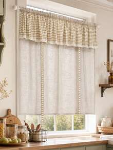 1pc Vinatge Plaid Valance Tie Up Curtain, Farmhouse Linen Balloon Window Shade, Light Filtering Adjustable Bow Roman Curtain For Bedroom Kitchen Cafe Window Decor - Beige - View 4