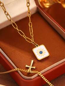 2pcs/Set Halloween Style Men's Accessories Stainless Steel Sun Evil Eye Square Plate Cross Double Layer Stacked Necklace, Holiday Gift For Friends, Suitable For Daily Wear (No Box) - Gold - View 6