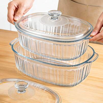 Senmeo Oval Glass Casserole Dish, Striped Heat Resistant Glass Casserole Pot With Cover, Multi-Use Food Container For Baking And Meal Prep Oven Baking Pan