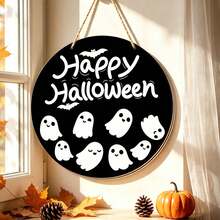 1 Peça Placa de Porta Redonda Preta "Feliz Halloween" de Madeira com Fantasma Pendurado - Decorada com Padrões Fofos de Fantasma e Morcego; Adequada para Decorar Porta da Frente ou Parede para Criar Atmosfera Festiva, Decoração Divertida para Festa em Casa e Varanda - multicolorido - Visão 3