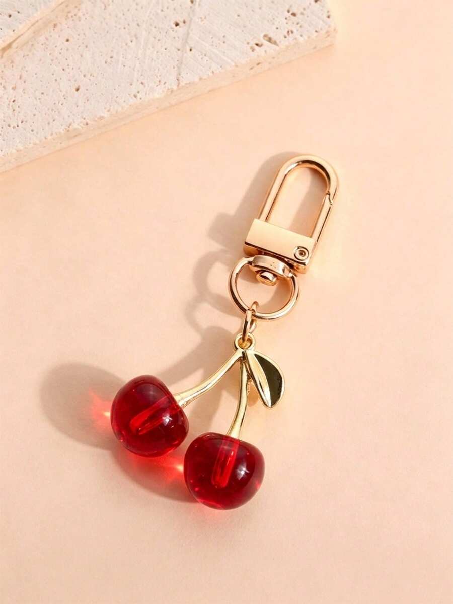 1pc Women's New Shiny Artificial Cherry Key Chain Pendant Accessory, Fashionable Exquisite 3D Fruit Bag Phone Chain Car Key Charm - Burgundy - View 1