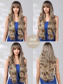 30 Inch Women Long Wavy Ombre Wig With Bangs, Synthetic Heat‑Resistant Natural Looking Dark Root Blonde Ash Brown Full Head Wig For Woman Daily Wear Party Halloween Cosplay - Multicolor - View 8