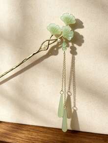 1pc Light Green Ginkgo Jade Slice Tassel Hair Stick, Women's Gentle Draping Chain Hair Pin For Vacation And Daily Updo - Multicolor - View 4