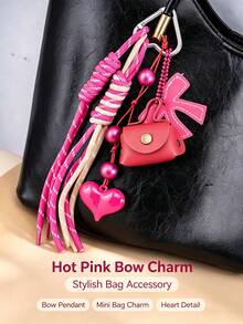 Color‑Block Woven Tassel Keychain, Mini PU Pouch Bag Charm With Heart & Bow Pendant, Aesthetic Bags Accessory Gift For Girls - Multicolor - View 10