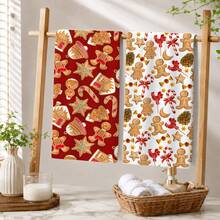 2pcs Red & White Gingerbread Man Candy Cane Christmas Pattern Kitchen Towels, Gingerbread House Snowflake Pinecone Candy Element Printed Hand Towels, Suitable For Christmas, Winter Kitchen, Family Gathering, Holiday Party, Home Decor 4/6/8pcs Set - Multicolor - View 5