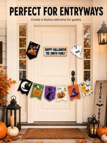 Custom Halloween Banner Set, Spooky Personalized Family Name Party Backdrop, Pumpkin Ghost Bunting, Customized Name Wall Decor, Customizable Garland For Home Party, Fall Holiday Gift, Halloween Decorations, Garden, Living Room, Family And Friends - Style a - View 5