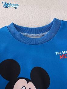 Disney 2pcs/Set Autumn Mickey Mouse Print Long Sleeve Ribbed Sweatshirt And Elastic Waist Blue & White Striped Sweatpants Outfit, Cartoon Pattern, Slight Stretch, Suitable For Baby Toddler Newborn Daily Wear, Spring Gift - Blue - View 3