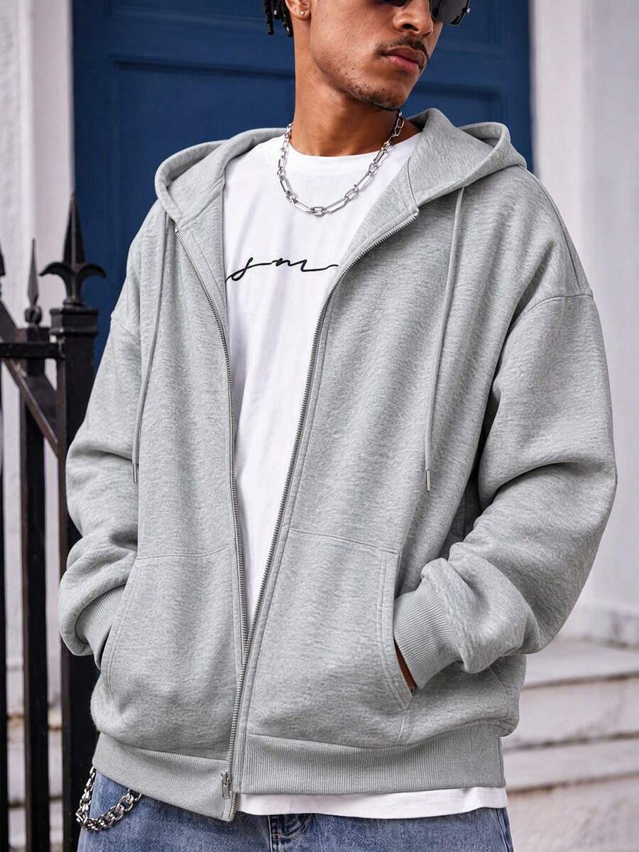Men's Spring Autumn Winter Solid Color Pocket Loose Drop Shoulder Zip-Up Hooded Sweatshirt - Grey - View 1
