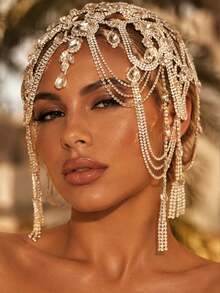Aksesori Rambut Rumbai Berlian Imitasi Berkilau, Hiasan Kepala Rantai Kristal Gaya Flapper Vintage, Ornamen Rambut Pesta Pengantin yang Elegan - Putih - View 7
