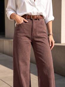 Fall Women's Brown Straight Leg Denim Jeans, Casual Cute Style With Pockets And Zipper, Long Washed Design - Rust Brown - View 5