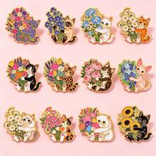Cute Kitten Holding Flower Bouquet Lapel Enamel Pins And Brooches Badge Pins For Backpacks Bags Backpack Cool Decoration Friend For Gifts - Multicolor - View 2