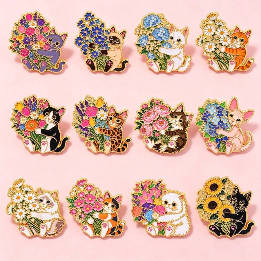 Cute Kitten Holding Flower Bouquet Lapel Enamel Pins And Brooches Badge Pins For Backpacks Bags Backpack Cool Decoration Friend For Gifts