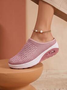 Women's Summer Mesh Slip-On Mule Slippers, Air Cushion Rocker Sole, Breathable Thick Platform Height-Increasing Fashion Casual Slides - Pink - View 4