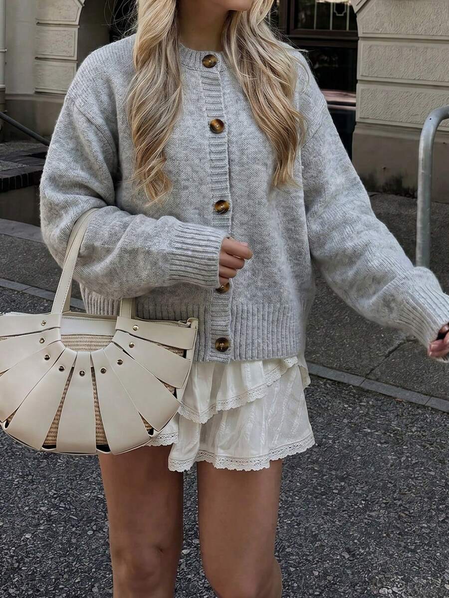 Just Masa Women's Fall Casual Y2K Button Up Sweater Cardigan, Solid Color Long Sleeve Round Neck Rib-Knit Basic Top, For Daily Wear, Going Out - Grey - View 1