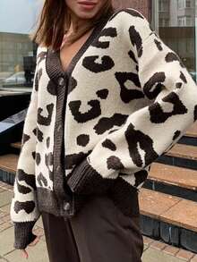 Women's Plus Size Leopard Print Knit Cardigan, V-Neck Long Sleeve Button-Up Regular Fit Autumn Fashion Top - Multicolor - View 1