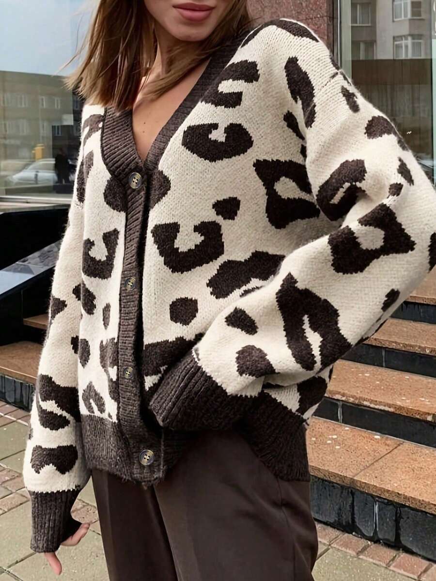 Women's Plus Size Leopard Print Knit Cardigan, V-Neck Long Sleeve Button-Up Regular Fit Autumn Fashion Top - Multicolor - View 1
