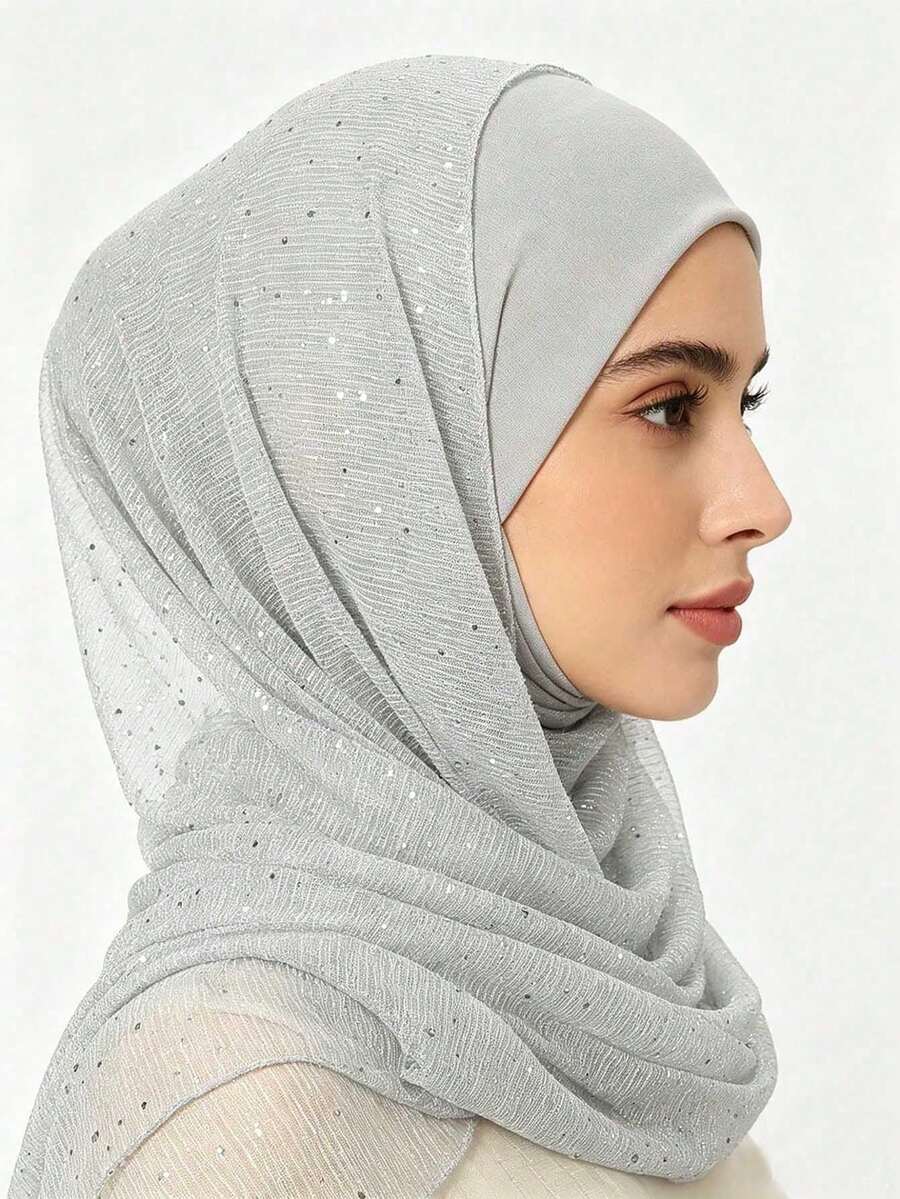 1pc Women's Bandana Lightweight Solid Color Sequin Silk Scarf Headwrap Middle Eastern Headscarf Decorative Shawl Sun Protection Beach Wrap Suitable For Daily Use - Silver Gray - View 1