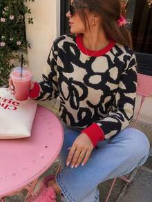 GIGOGOU Women's Autumn/Winter Colorblock Red Trim Round Neck Long Sleeve Knit Sweater, Casual Loose Fit Pullover - Red - View 6
