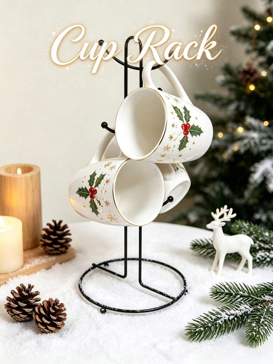 1pc Cup Storage Holder For Halloween And Christmas Farmhouse Coffee Mug Rack, Coffee Mug Tree For 6 Mugs, Coffee Cup Holders For Counter, Black Coffee Cup Holder Countertop Organizer For Kitchen, Vintage Mug Rac - Black - View 1
