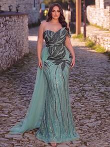 Plus Size Luxury Beaded Mermaid Formal Dress With Sequin Accents, Strapless Silhouette, Flowing Tulle Train For Glamorous Banquets, High Fashion Galas - Cadet Blue - View 4