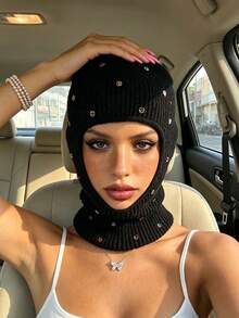 1pc Women's Y2K Rhinestone Balaclava Hat, Unisex One-Hole Knitted Head Cover, Fashionable Face Mask Cap, Suitable For Daily Streetwear And Party - Single-hole Head Cover - View 2