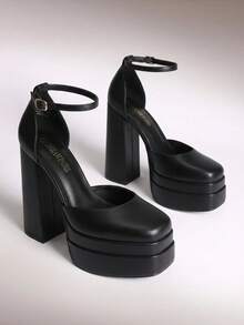 Women's Square Toe Block Heel Chunky Platform Wedding Shoes, Adjustable Ankle Strap Pumps For Prom - Black - View 3