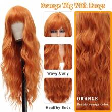 Orange Wig With Bangs, Ginger Yellow Wig, 28 Inch Long Curly Wavy Orange Hair Wig For Women, Natural Look Synthetic Fiber Heat Resistant, Halloween Wig, Daily Party Use - Multicolor - View 4