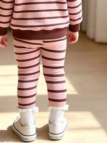 Baju Bayi Perempuan Bergaris, Atasan Lengan Panjang Leher Bulat dan Legging - Berwarna merah muda - View 6