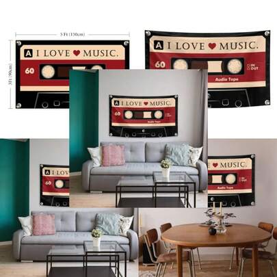 Bandera I LOVE MUSIC 3*5 FT Pancarta Tapiz Divertido Con Cuatro Ojales Para Habitación Niñas Adolescentes Interior Exterior Fiesta Dormitorio Y Decoración de Dormitorio Universitario
