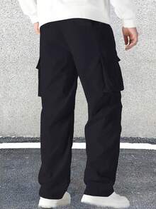 Men's Black Cargo Sweatpants, Dual Side 3D Cargo Pockets With Elastic Drawstring Waist Design, Loose Wide Leg Straight Fit Textured Fabric, Pocket With Small Label Accent. Versatile Casual Commute Sports Multi-Occasion Long Pants. Unisex - Black - View 5