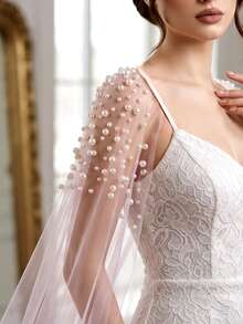 1 Pair Pink Soft Tulle Long Train Shoulder Shawl With Pin, Arm And Shoulder Coverage, Pearl Beaded Wedding Accessory Floating Veil - Multicolor - View 3