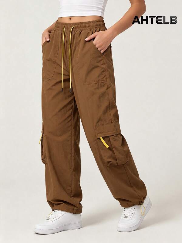 AHTELB Women's Spring/Autumn Outdoor Sports Cargo Pants, Loose Straight Leg Utility Pants With Adjustable Drawstring Waist And Multiple Pockets, Lightweight And Practical, Perfect For Outdoor Hiking, Travel And Casual Streetwear, Great Gift For Wife, Girlfriend, Friend And Mother, Clothes Women, Hiking Pants, Hiking Outfits For Women