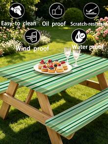 3 Pieces Picnic Tablecloth Set With Bench Cover, Elastic Edge Design, Striped Pattern, Washable Rectangular Tablecloth, Suitable For Weddings, Camping, Picnics, Garden Parties And More, Practical Essential - C - View 9