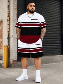 2-delat set för herrar i plus size, röd- och vitrandigt med korta ärmar, klassisk kontrastfärgad randig patchwork och PARIS-bokstavslogotyp, BIG&TALL, sommar - Multifärgad - Visa 1