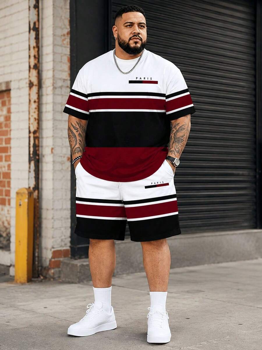 2-delat set för herrar i plus size, röd- och vitrandigt med korta ärmar, klassisk kontrastfärgad randig patchwork och PARIS-bokstavslogotyp, BIG&TALL, sommar - Multifärgad - Visa 1
